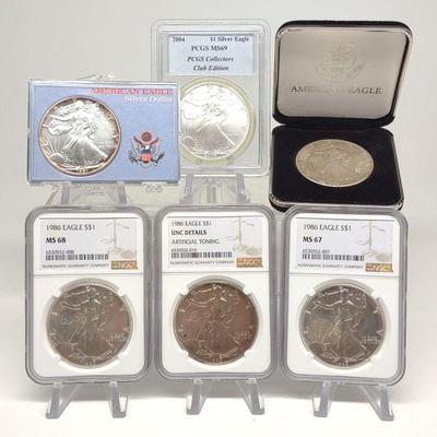 (6) 99% Silver Eagle Dollars (NGC & PCGS) US Coins