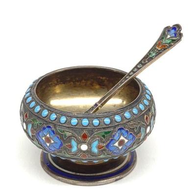 Russian Sterling Silver Enamel Salt Cellar & Spoon