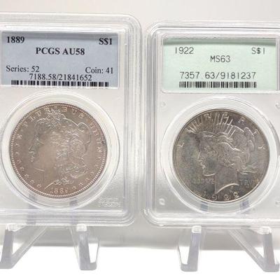 2 PCGS Graded Silver Dollars (Peace,Morgan)