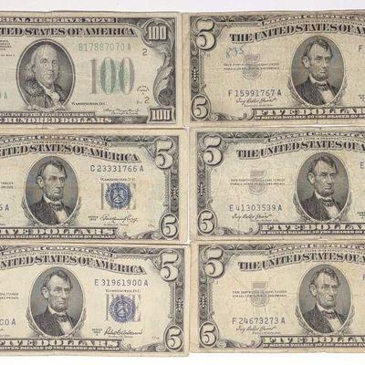 1934A $100 Bill & (5) $5 Silver Certificates