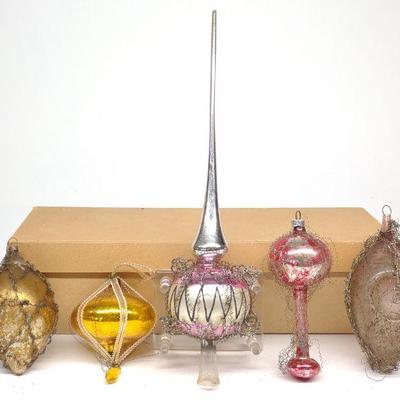(5) Antique Wire Wrapped Glass Christmas Ornaments