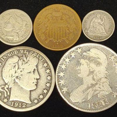 (5) 1826-1912 US Coins: Capped Bust, Barber & More
