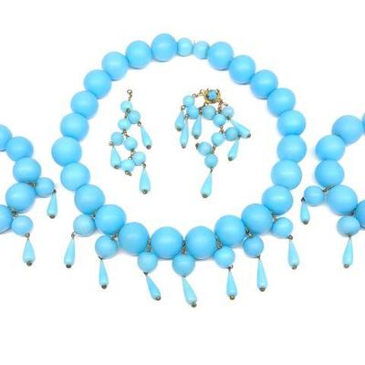 19th C. Blue Glass Bead Necklace & Bracelet Set