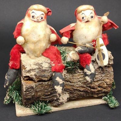 Vintage French Paper Mache Santa Carolers On Log