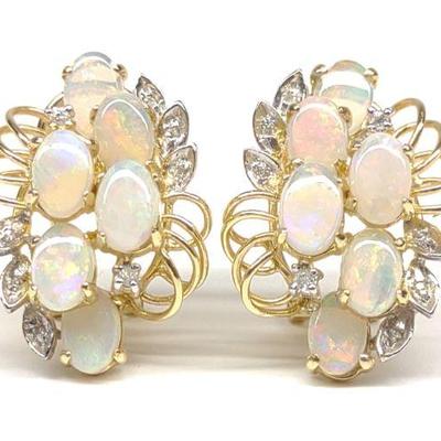 14K Gold Opal & Diamond Cluster Earrings