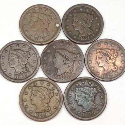 (7) 1800s Coronet & Braided Large Cent US Coins
