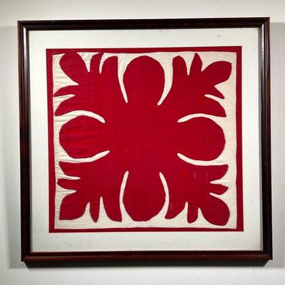 FRAMED HAWAIIAN QUILT | Handmade quilt framed. - l. 25 x w. 24 in

