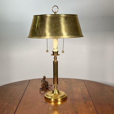 BRASS DESK LAMP | Having candlestick shape with 2 bulbs and brass shade. - h. 23 x dia. 14.5 in (with shade)

