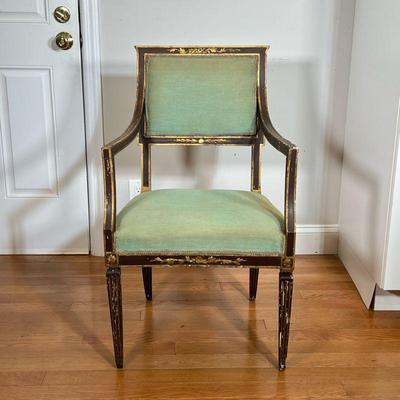 ANTIQUE LATE 18TH CENTURY ARM CHAIR | Green upholstery, painted with gilt highlights; seat height 18 in. - l. 21-1/2 x w. 22 x h. 36 in


