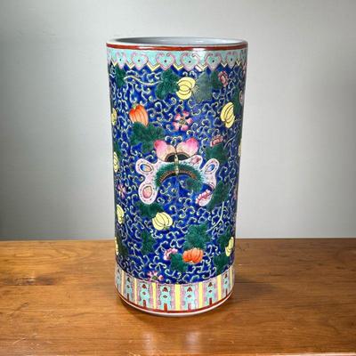 ANTIQUE HAND-PAINTED GLAZE ASIAN UMBRELLA STAND | Decorated with vibrant colors depicting butterflies, vines, leaves, and squash. - l. 9...