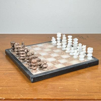 MARBLE CHESS BOARD | Brown and white marble chess set, includes all chess pieces. - l. 7-1/2 x w. 7-1/2 in

