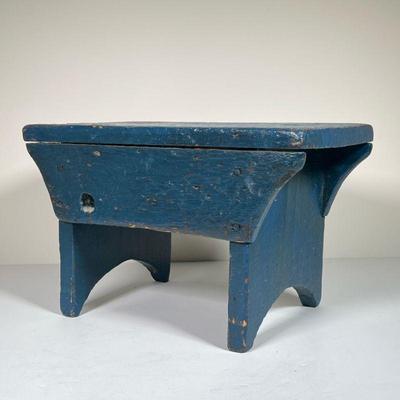 ANTIQUE WOOD STOOL | Antique blue painted wooden stool with original paint. - l. 13.25 x w. 8.25 x h. 8.5 in

