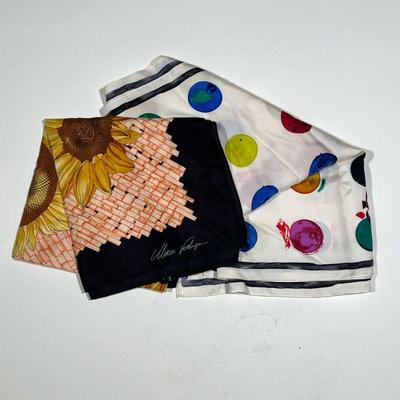 TWO SILK SCARVES | Including a Juicy Couture dotted pattern silk scarf and a Marco Voeluza silk scarf with a sunflower design. - l. 34 x...