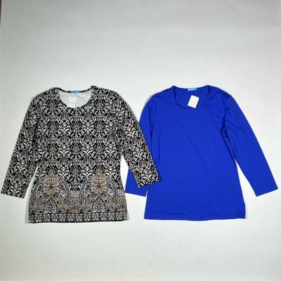 (2PC) J. MCLAUGHLIN SHIRTS | Women's signature 3/4 sleeve blouses, including a solid blue shirt, and one patterned shirt in a...