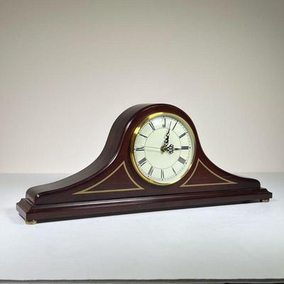 BOMBAY MANTLE CLOCK | Traditional style mahogany mantel clock by The Bombay Company with Roman numeral markers. - l. 19 x w. 3 x h. 7.5 in

