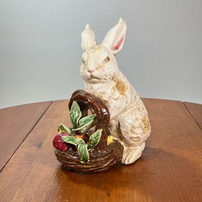 CERAMIC SPRINGTIME EASTER BUNNY RABBIT | Rabbit with a basket of radishes. - l. 9 x w. 5-1/2 x h. 11-1/2 in


