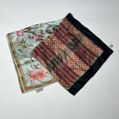 TWO TALBOTS SCARVES | Both silk scarves, one with a bamboo edge and floral design and the other with a dotted horizontal and vertical...