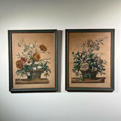 (2PC) FLOWER BASKET LITHOGRAPHS | Pair of French floral lithographs showing baskets of flowers, uniformly framed. - l. 19.75 x w. 15.5 in

