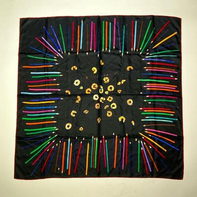 HERMES PARIS SCARF | Hermes 100% silk scarf decorated with pencil shavings and colored pencils, made in France. - l. 34-1/2 x w. 34 in

