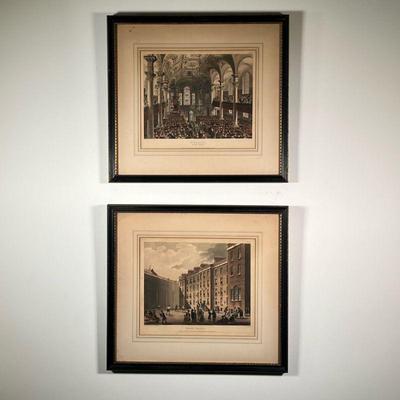 (2PC) PAIR ARCHITECTURE ETCHINGS | Including St. Martins in the Fields and Fleet Prison; in matching frames, each 9.25 x 11 in. sight. -...