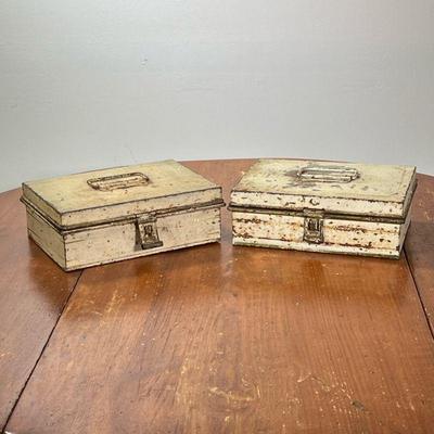 PAIR KREAMER SPICE TIN BOXES | Each box includes six small tins inside for spices, marked KREAMER on the bottom. - l. 10 x w. 7 x h....