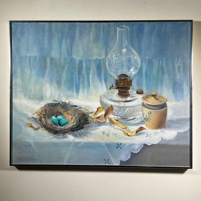 DORIS MEYER OIL PAINTING | Tabletop still life painting showing robin's eggs in a nest next to an oil lamp and crock, signed lower left....