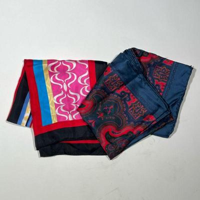 (2PC) SILK SCARVES | Including a scarf by Adrienne Landau Studio with contrasting pattern fields of loopy designs, geometrics, and shaped...