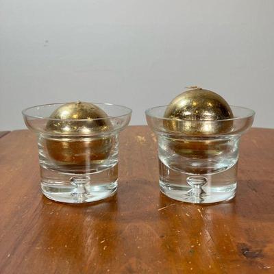 PAIR KROSNO GLASS CANDLE HOLDERS & CANDLES | 2 Krosno glass candle holders with 2 new gold Tag candles. - l. 4 x h. 3-1/4 in

