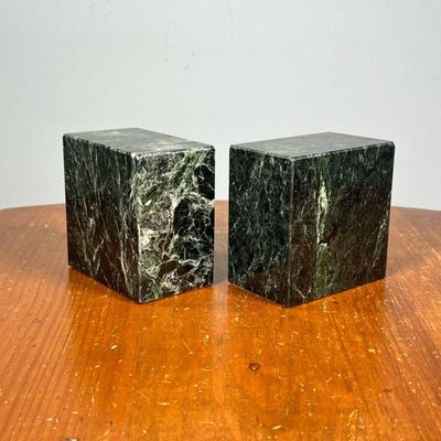 MARBLE BOOKENDS | Pair of dark green marble bookends from Rutland, VT. - l. 4 x w. 2.5 x h. 4 in

