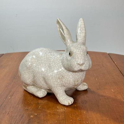 ANTIQUE FRENCH CRACKLE GLAZE CERAMIC RABBIT | Ceramic bunny rabbit covered in a crackle glaze, signed on the bottom. - l. 10 x w. 4-1/2 x...