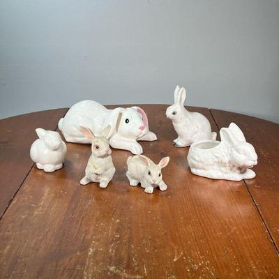 (6PC) MISC. BUNNYS | Including two by BOEHM, three ceramic, and one concrete bunny rabbit figure. - l. 10-1/2 x w. 5-1/2 x h. 6 in

