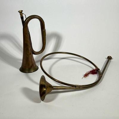 VINTAGE FRENCH HORN & BUGLE | Both are brass. - l. 20 x h. 12 in

