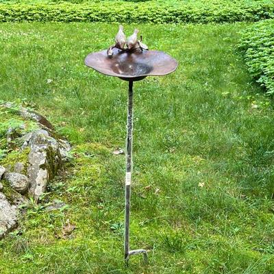 BRASS BIRD BATH | Outdoor garden bird bath of hammered brass with pair of birds on branch and twisted wrought iron base. - h. 35 x dia....