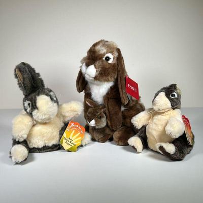 (3PC) THREE RABBIT PLUSHIES | Including an FAO Schwartz mother and baby bunny set and two Folkmanis hand puppets in the form of baby...