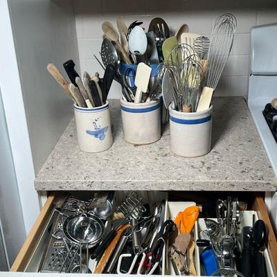 MISC KITCHEN UTENSILS | Large assortment of kitchen tools and utensils, including whisks, spoons, knives, scissors, grater, sifters, etc.

