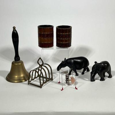 LOT OF MISC ITEMS | Misc. decorative items, inlcuidng a Kikkerland katita windup gear collector toy, wooden hippo, stone elephant, pair...