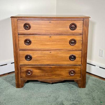 WOOD CHEST OF DRAWERS | Wooden dresser with four full-width drawers and wooden pulls. - l. 37-1/2 x w. 18 x h. 37 in

