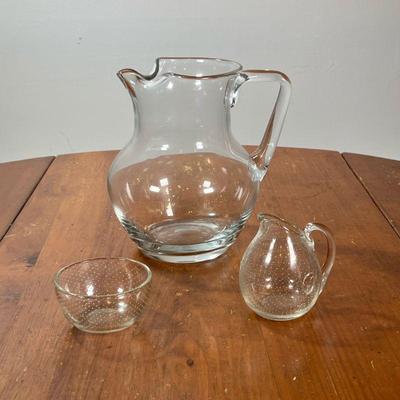 (3PC) GLASS PITCHER & OTHER | Including a glass pitcher and a small bubble glass creamer with a matching bubble bowl (open sugar). -...