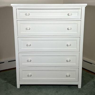 PB TEEN DRESSER | Pottery Barn Teen white beadboard chest of drawers having five full-width drawers with double pulls. - l. 39 x w....