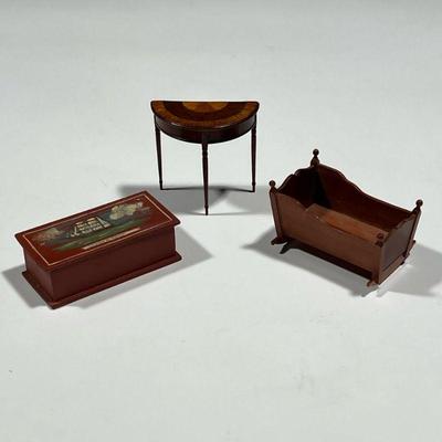 (3PC) SIGNED DOLL HOUSE FURNITURE | Including a 19th century painted chest decorated with a clipper ship, with inscription on bottom,...