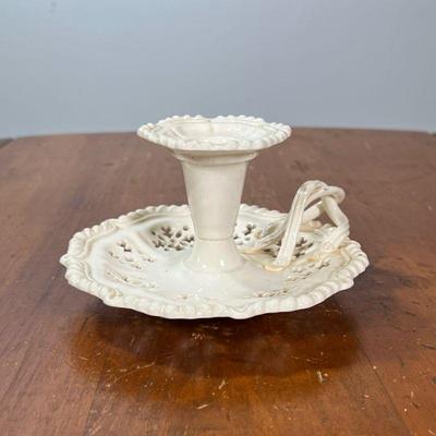 VINTAGE LEEDS ROYAL CREAMWARE CANDLESTICK HOLDER | Porcelain chamberstick with reticulated rim and applied sculpted handle. - l. 6-1/2 x...