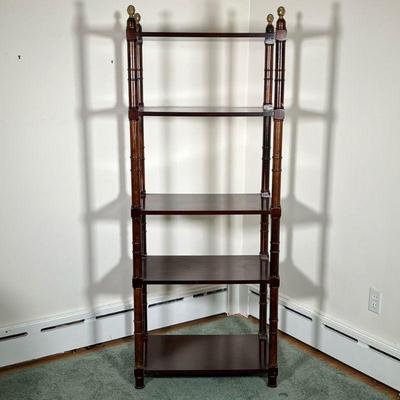 BOMBAY & CO. MAHOGANY BOOKSHELF | Five shelf open bookcase with brass acorn finials, by Bombay & Company. - l. 26 x w. 16 x h. 67...
