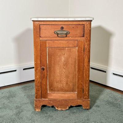 VINTAGE MARBLE TOP-END TABLE | White marble top-end table/side cabinet with working lock and key for the drawer and cabinet door,...