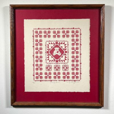 MARY RUTHERFORD EMBOSSED PRINT | Teddy Bear quilt embossed print on paper (13.25 x 12 in. sight) signed & dated ‘85, ed. 648/3400 and...