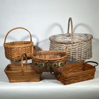 (5PC) WOVEN BASKETS | Lot of mixed woven basket, including two double-handled baskets (one decorated with Christmas trees), and three...