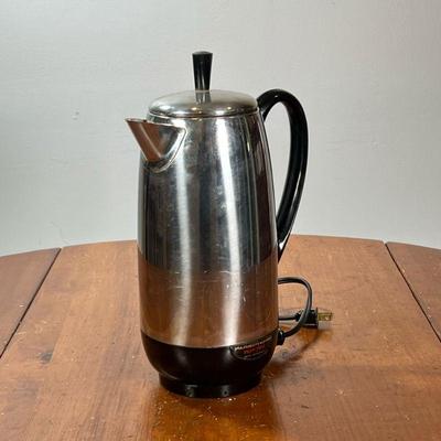 FARBERWARE PERCOLATOR COFFEE POT | Stainless steel 12 cup coffee percolator, includes all pieces and plug. - h. 13 in

