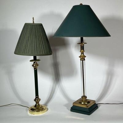 (2PC) TABLE LAMPS | One lamp with a candle stick column base and the other with a squared bottom and cleared tubed base. - l. 18 x h. 25...