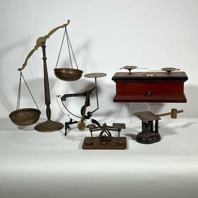 LOT OF MISC SCALES | Five different scales / scientific instruments. - l. 13 x w. 6 x h. 17-1/2 in

