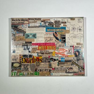ORIGINAL ABSTRACT CONTEMPORARY ARTWORK | Mixed media collage in a plexiglass frame. - l. 20 x w. 16 in

