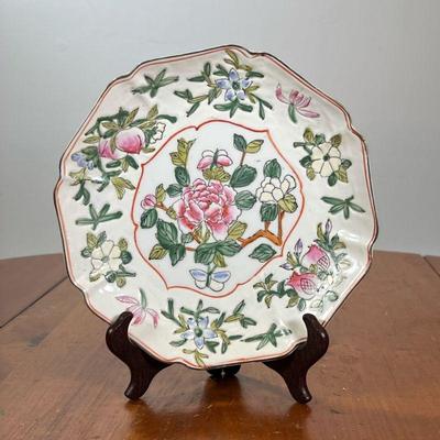 VINTAGE GILDED ASAIN PLATE | Gilded Asian plate with a flower design in the center and around the rim, with red stamp mark on the back. -...